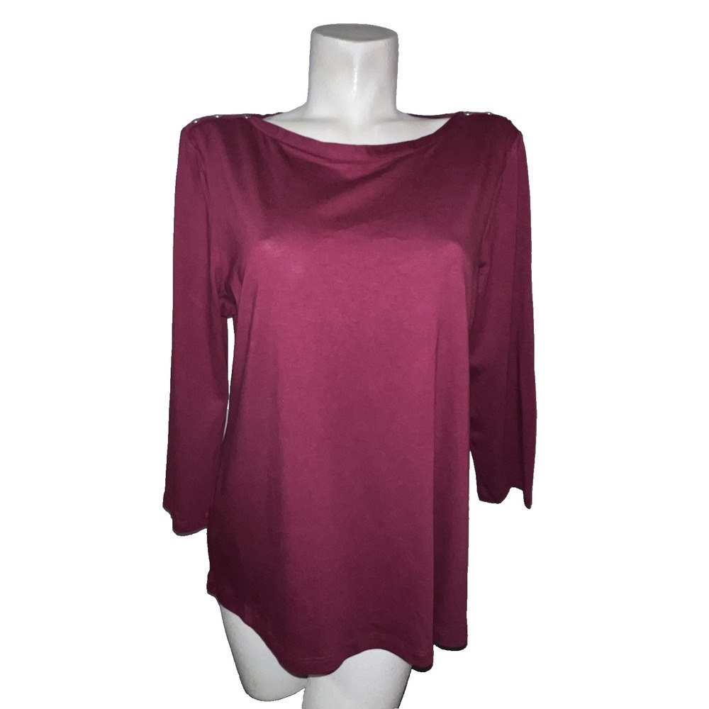 Chicos Burgundy Button Shoulder Boat Neck Long Sleeve Top Size 2 L Large